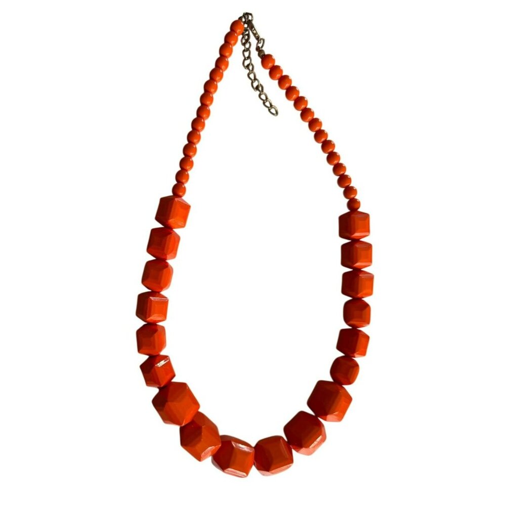 Vintage Chunky Orange Geometric Wood Beaded Necklace With Adjustable Chain Clasp